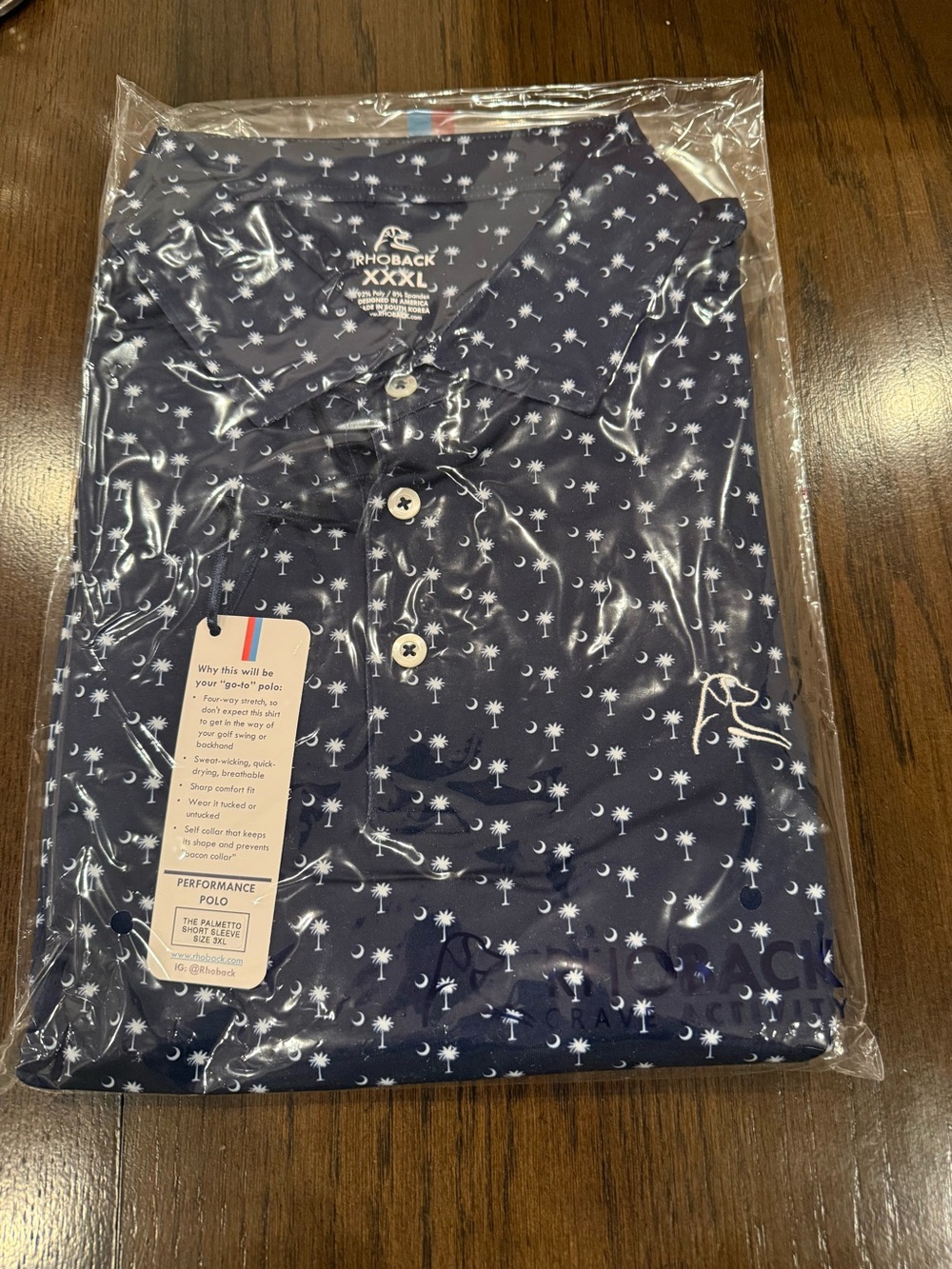 Rhoback Navy Polo with White Palm Tree Print